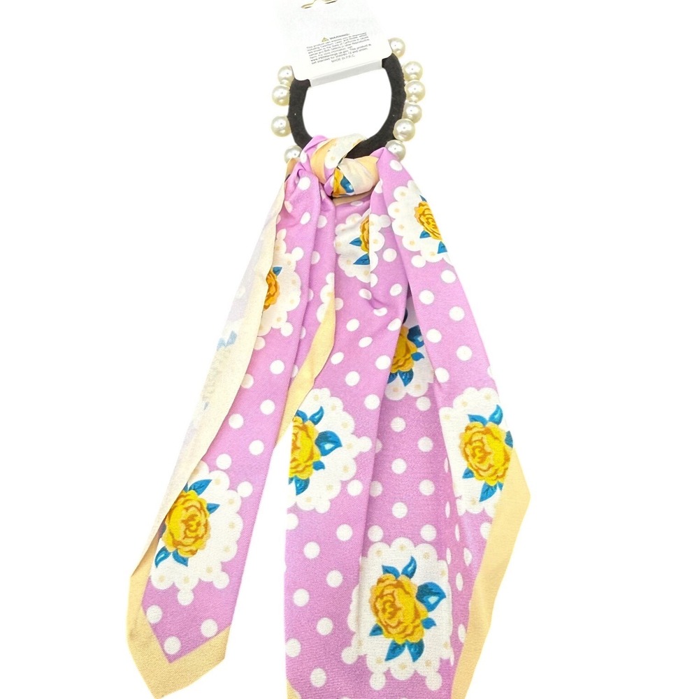 Princess Accessories Pink Floral Polka Dot Hair Scarf Scrunchie Pearl Accents